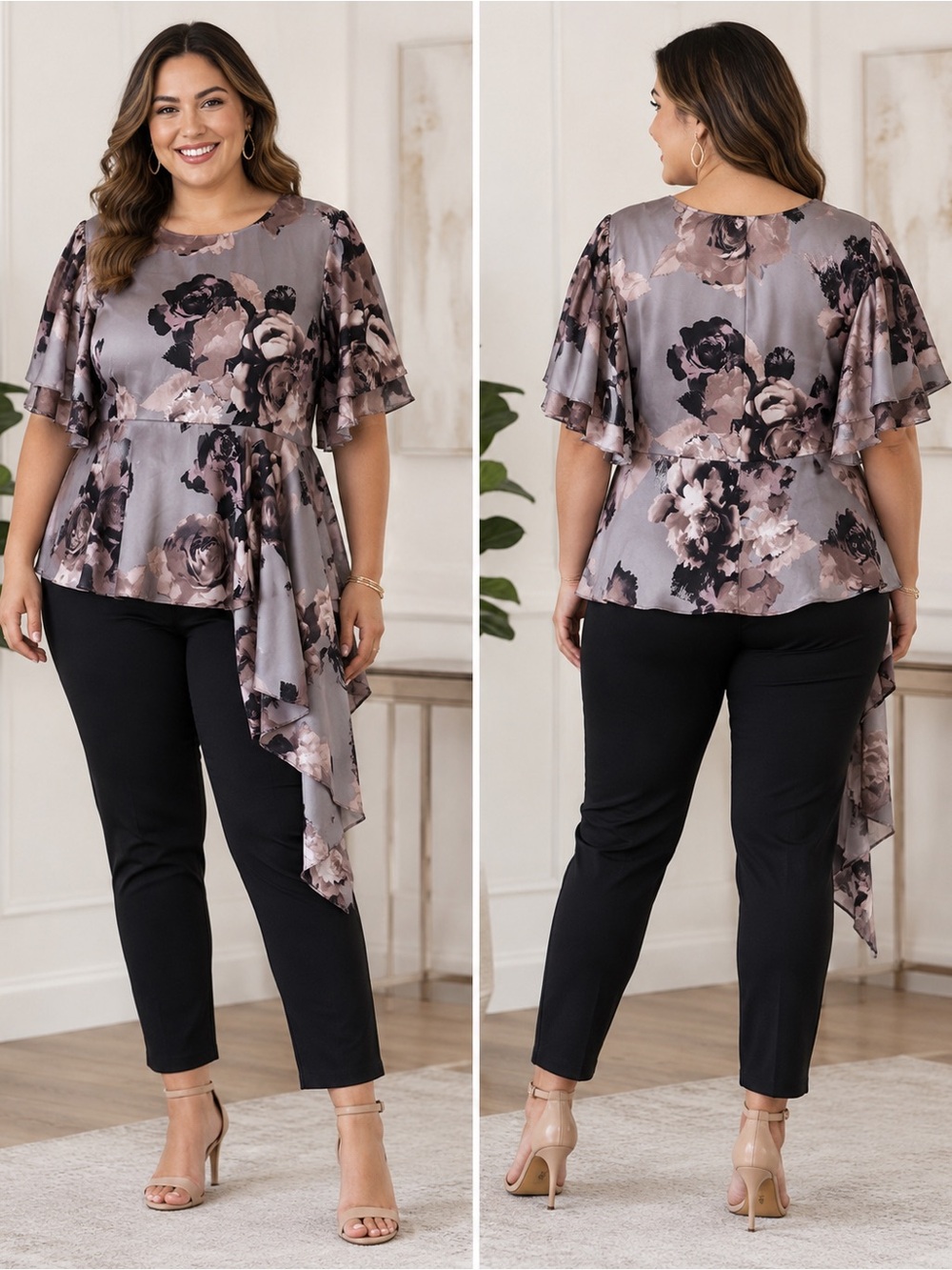 Midnight Velvet - Floral Asymmetric Peplum Top in Taupe